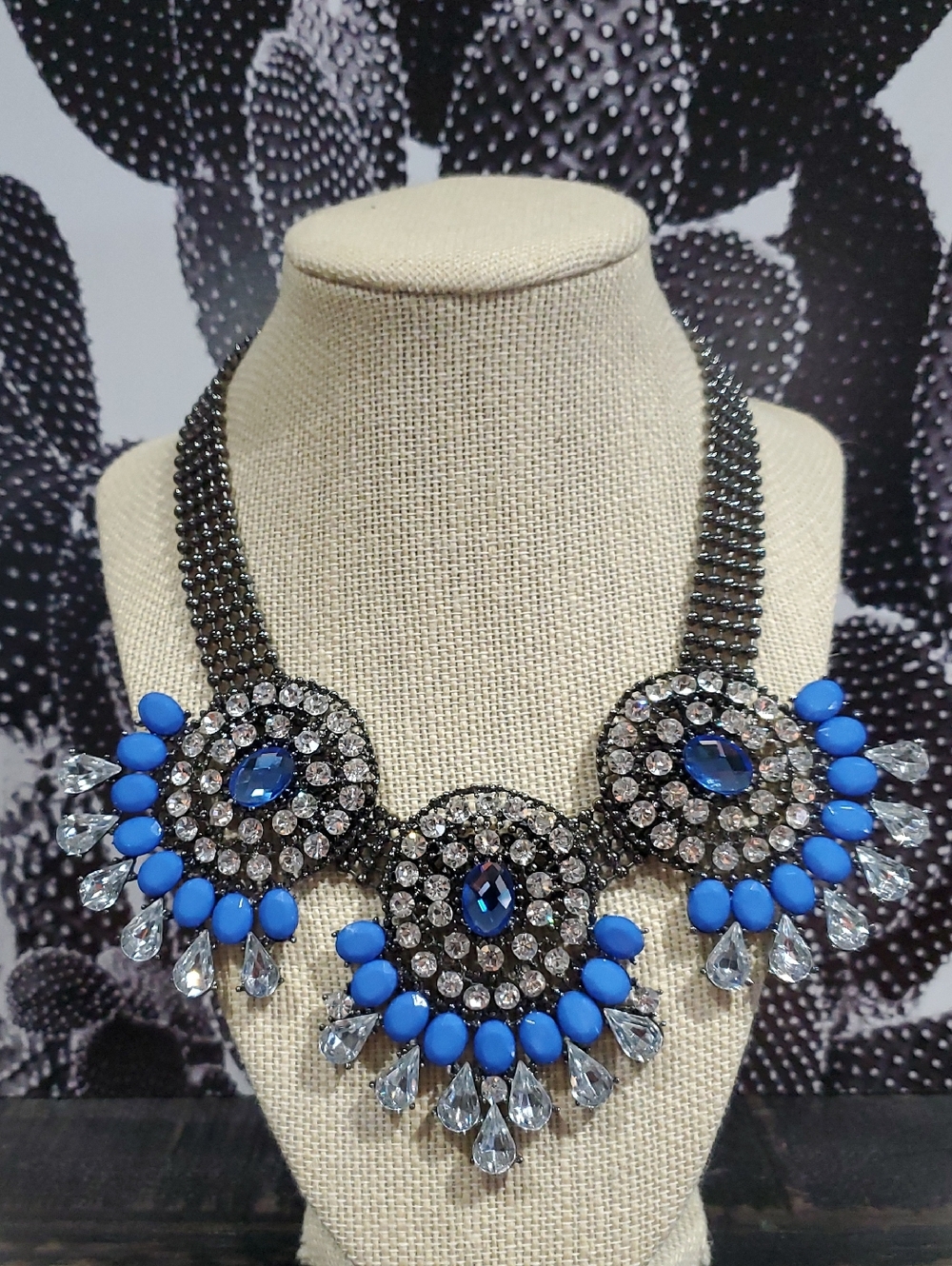 Statement Blue Crystal Bib Necklace - Shiny Sparkle Chunky Drama Chandelier